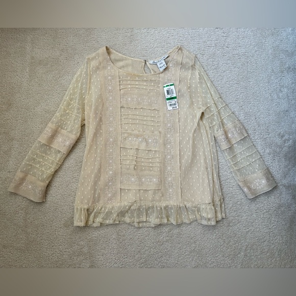 American Rag Tops - American Rag Y2K vintage beige mesh lace gauzy long sleeve top, sz L (juniors)